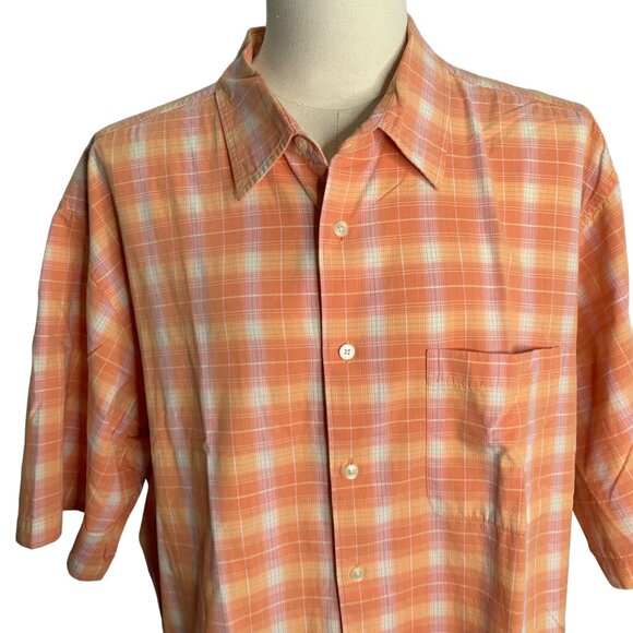 Arrow Summer Prep Button Up Camp Shirt XXL Orange Plaid Short Sleeves Pocket - Picture 2 of 6